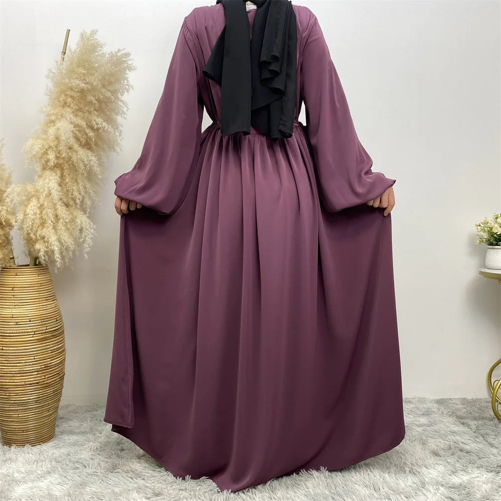 Modest Kaftan Muslim Women Puff Sleeve Dress Zipper Front Abaya Islam Clothing Arabic Robe Dubai Party Gown Eid Ramadan Jalabiya