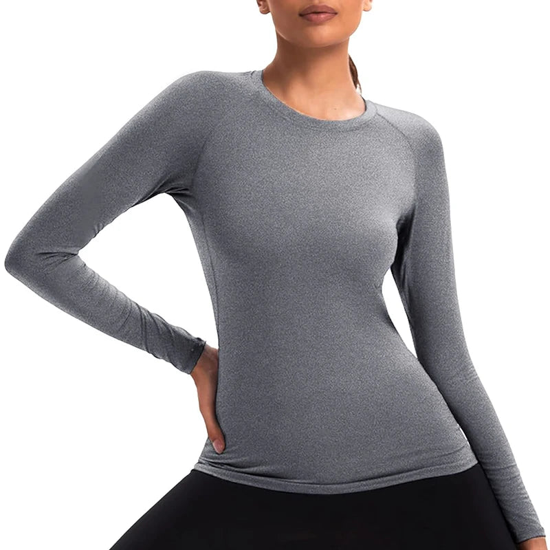 Women's Compression Shirt Athletic Yoga Running Long Sleeve T-Shirt Spring Fall Gym Workout Stretchy Baselayers Rash Guard Tops