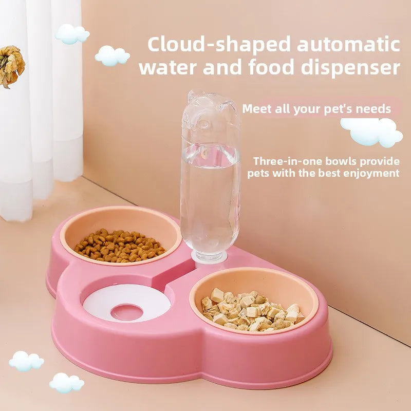 Pet feeding bowl cloud-shaped three bowls of food, snacks, water integrated feeder