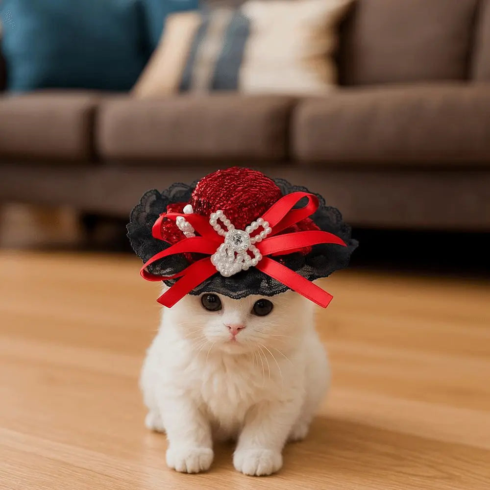 Pet Accessories Adjustable Pet Halloween Hat Sequin Elastic Band Cat Lace Hat British Style Cat Cosplay Hat Pet Show