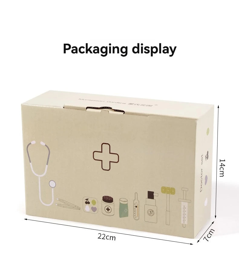 Children playing house simulation, doctors, nurses, stethoscopes, medical kits, syringes, toy sets, wooden boys and girls