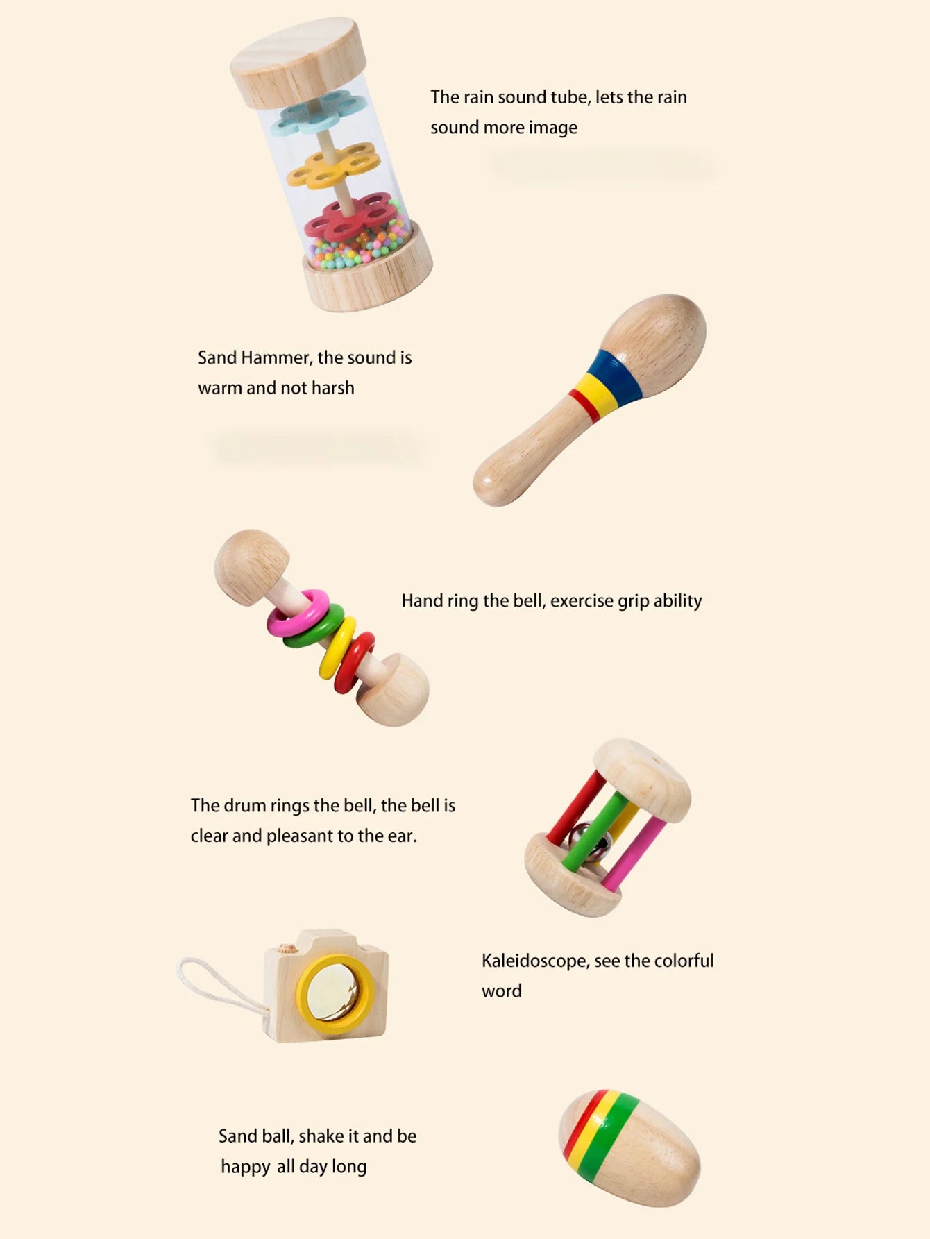 6pcs/set Wooden Musical Instruments Toys, Small Rattle, Sand Hammer, Sand Ball, Shake Bell Kaleidoscope, Griping Practice Toys
