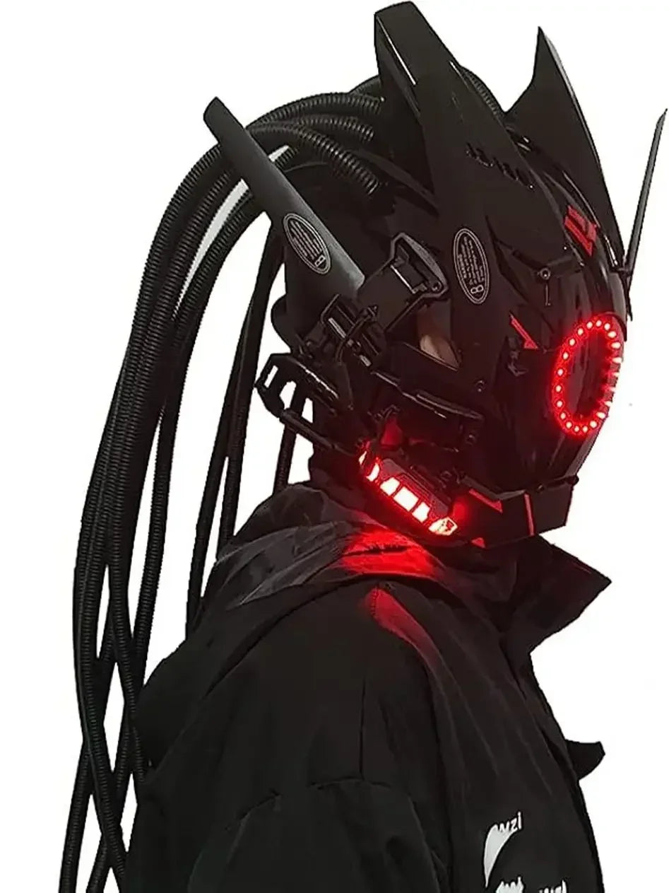 Cyberpunk mask red lighting led with hair Music Festival fantastic cosplay sci-fi soldier helmet Halloween party gift for adults
