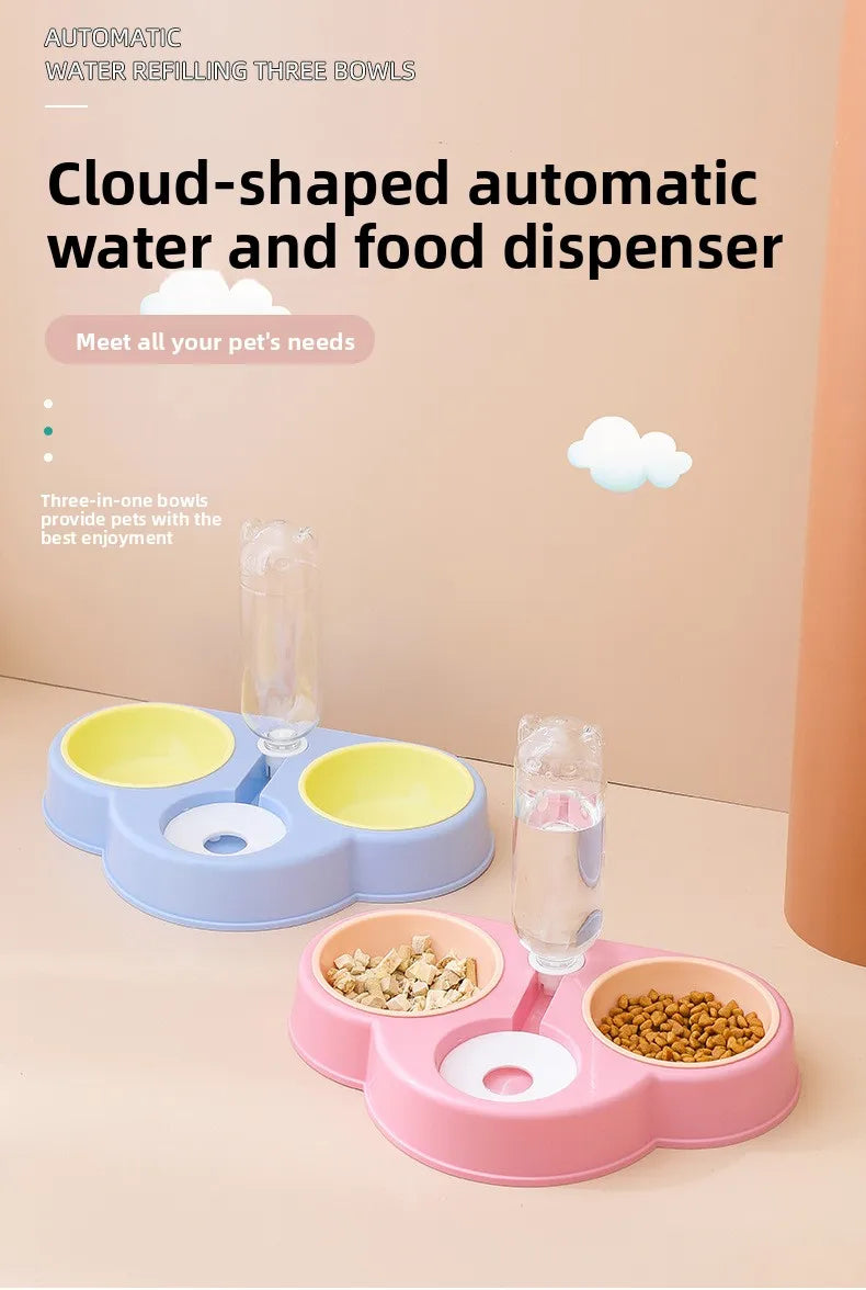 Pet feeding bowl cloud-shaped three bowls of food, snacks, water integrated feeder