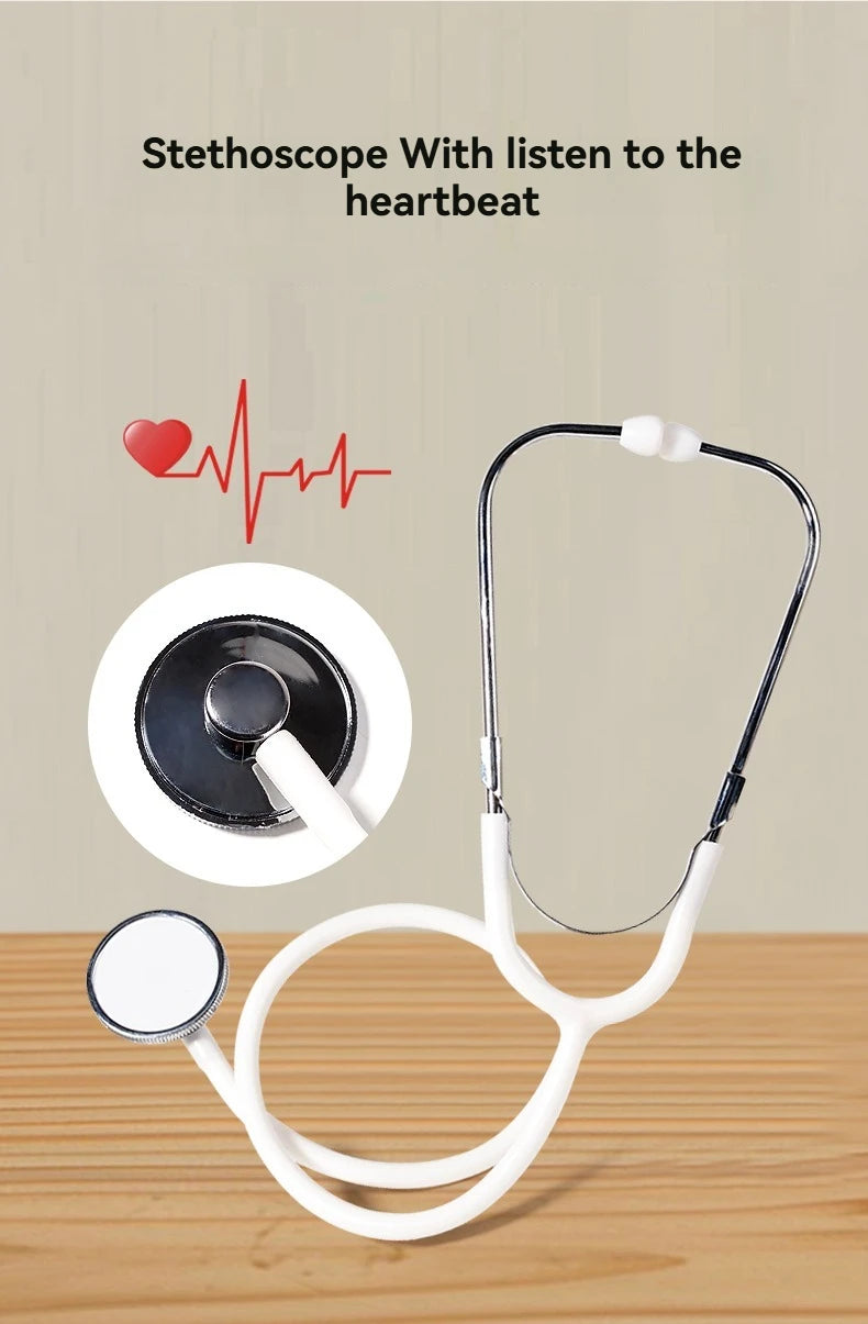 Children playing house simulation, doctors, nurses, stethoscopes, medical kits, syringes, toy sets, wooden boys and girls