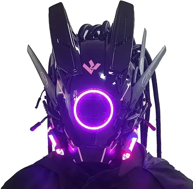 Cyberpunk mask red lighting led with hair Music Festival fantastic cosplay sci-fi soldier helmet Halloween party gift for adults