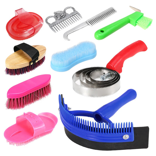 10-IN-1 Horse Grooming Tool Set Cleaning Kit Mane Tail Comb Massage Curry Brush Sweat Scraper Hoof Pick Curry Comb Scrubber