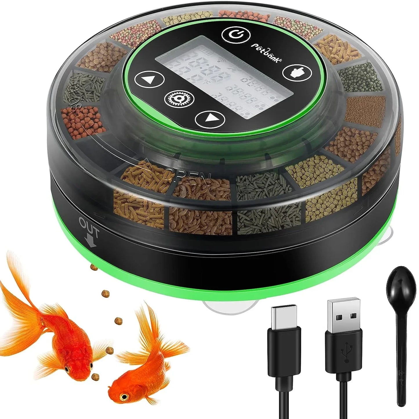 Automatic Fish Feeder for Aquarium, Automatic Food Dispenser with Timer, Rechargeable Timer Feeder, with USB Cable, LCD Display