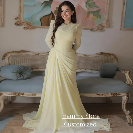 Modest Islamic Evening Dresses for Woman Customized Long Sleeves Beading Round Neck Pleat Prom Gown فساتين سهرات