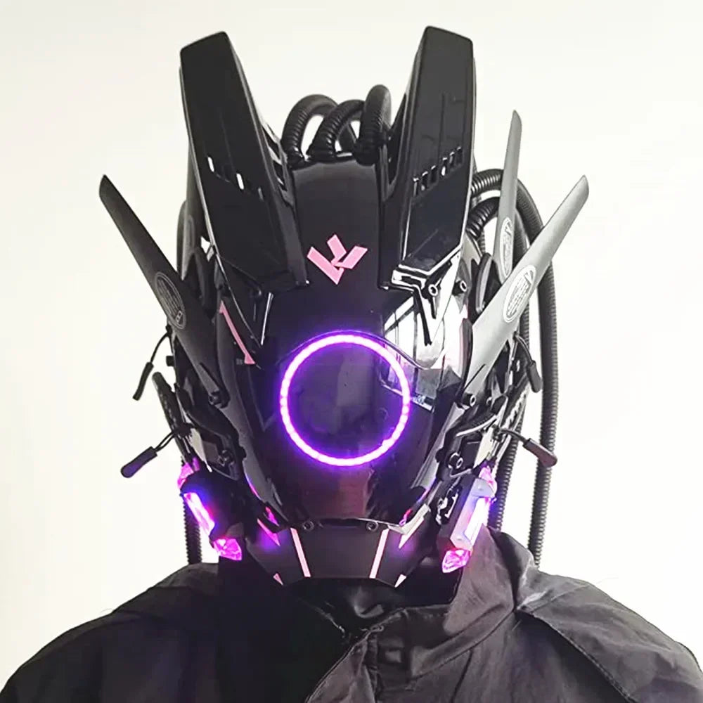 Cyberpunk mask red lighting led with hair Music Festival fantastic cosplay sci-fi soldier helmet Halloween party gift for adults