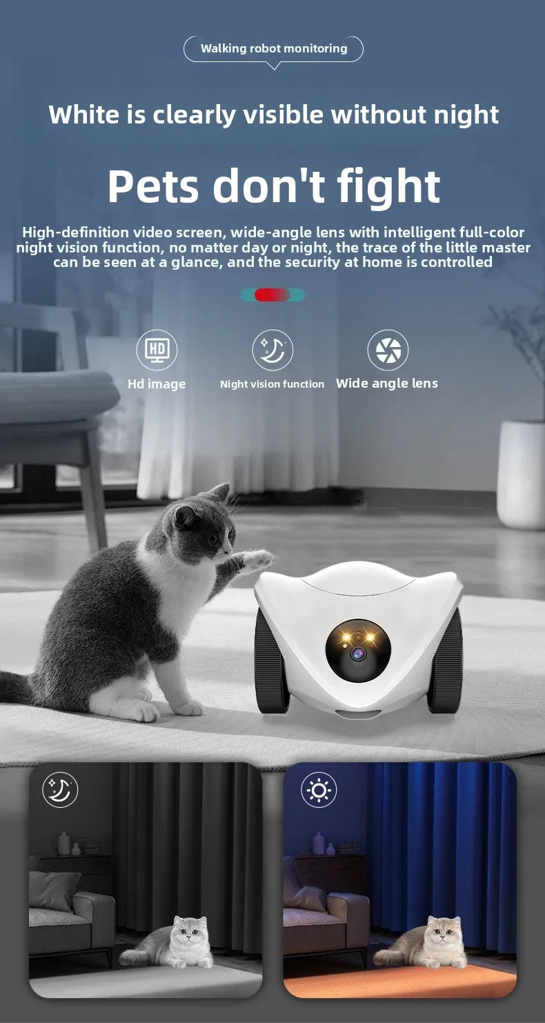 Intelligent pet feeder can be remotely controlled equipped with a camera capable of moving communicating and featuring a laser