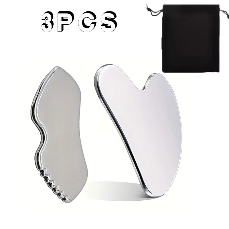 2/3 Piece Set, High Quality Stainless Steel Gua Sha Tool Set, Heart and Lip Shape, Facial Care Tools, Storage Bag