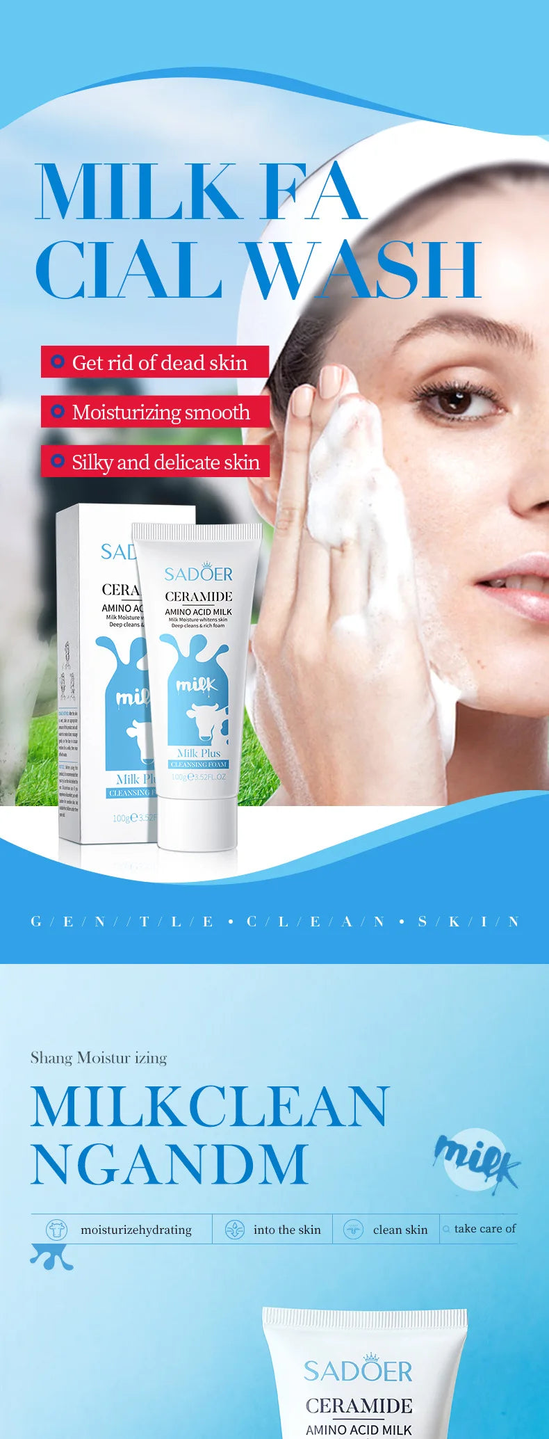 SADOER Milk Facial Cleanser Moisturizing Skin Brightening Nourishing Wash Foam Face Cleanser Facial Skin Care for Beauty