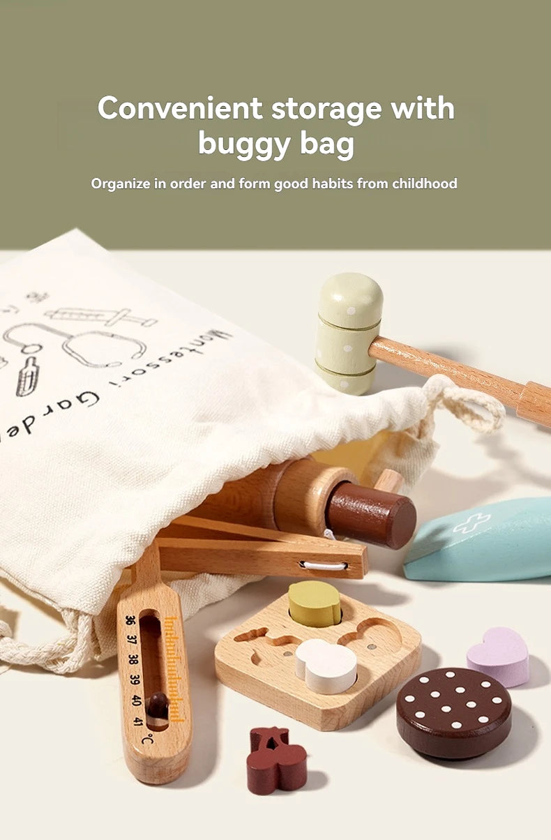 Children playing house simulation, doctors, nurses, stethoscopes, medical kits, syringes, toy sets, wooden boys and girls