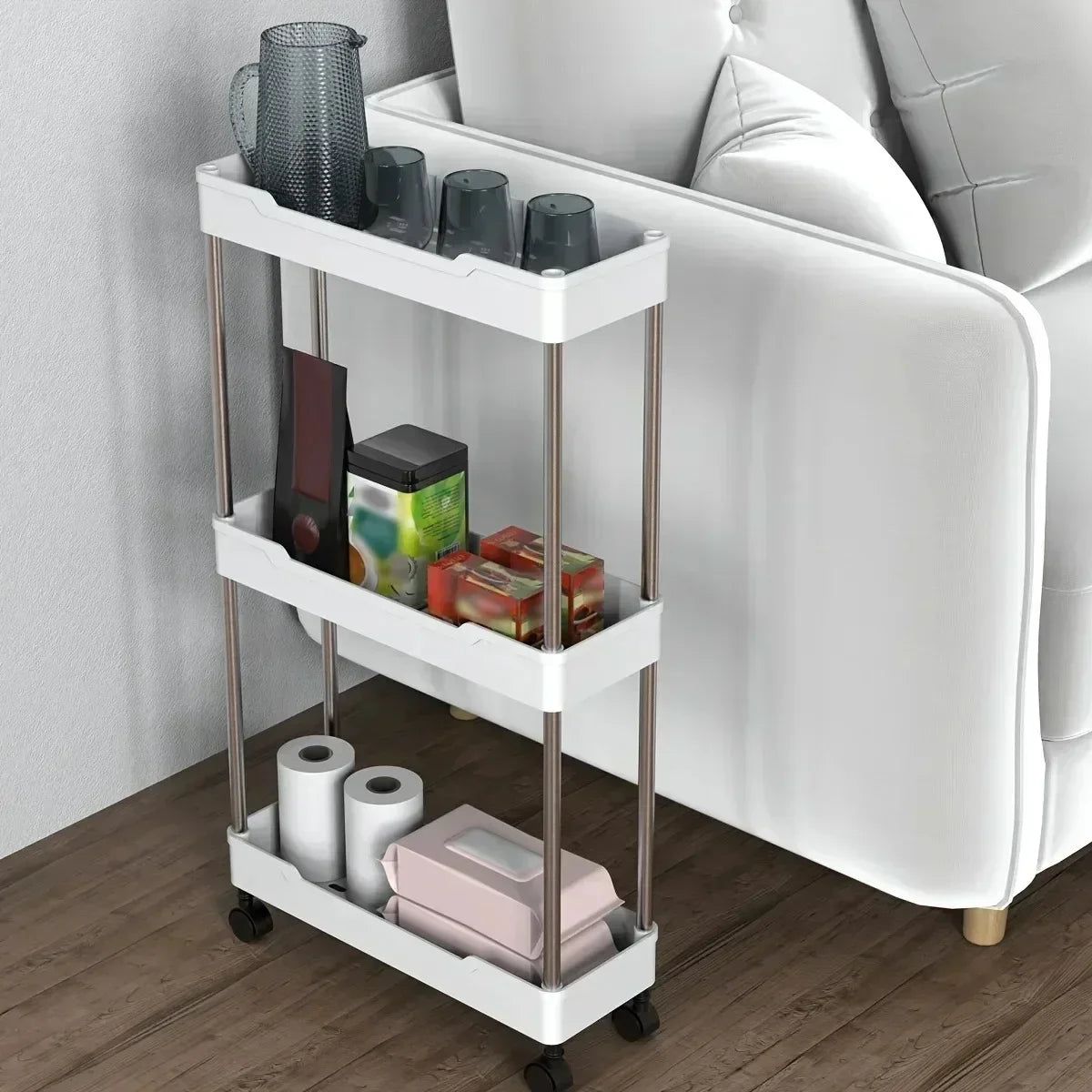 Space-Saving Mobile Shelving Unit，Slim Rolling Storage Cart with Wheels, Narrow Bathroom Organizer & Multi-Purpose Kitchen Cart