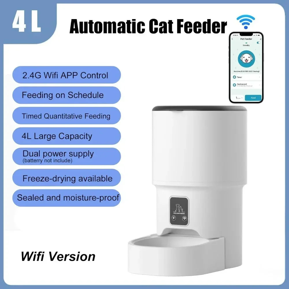 WiFi Automatic Cat Feeder 4L 2.4G Timed Multiple Auto Smart Dog Electric Self Feeding Remote Control Dry Food Basic Dispenser