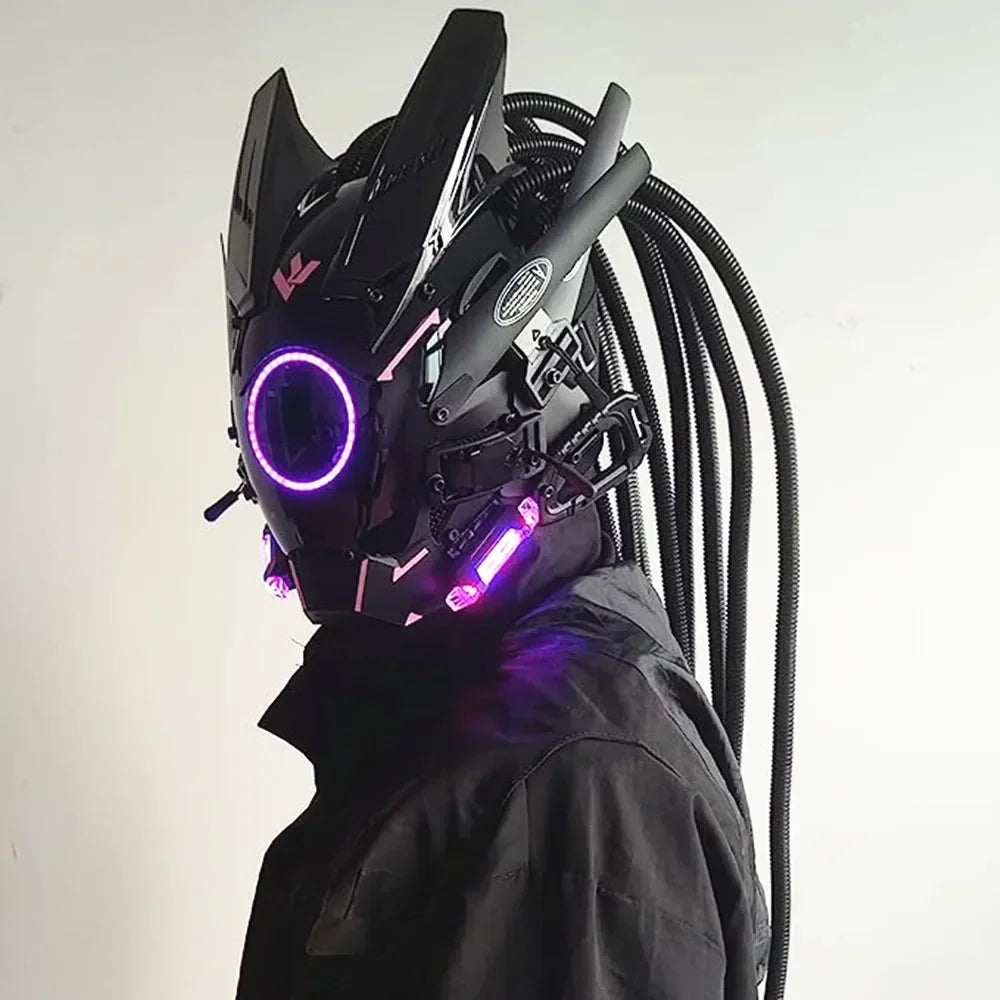 Cyberpunk mask red lighting led with hair Music Festival fantastic cosplay sci-fi soldier helmet Halloween party gift for adults