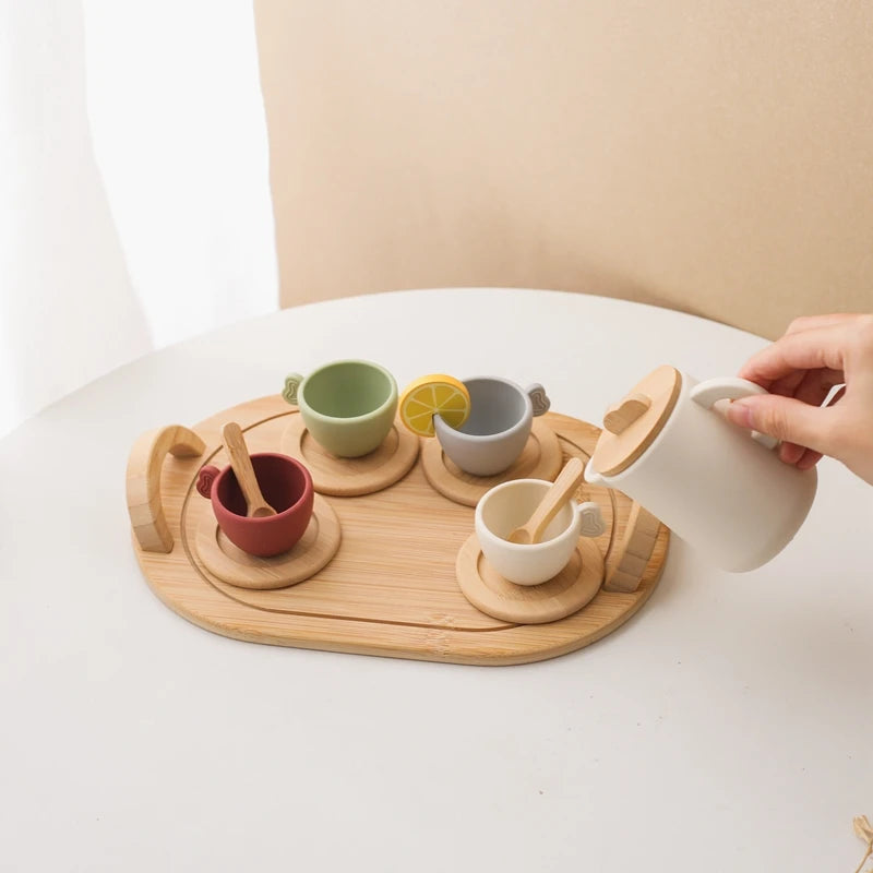 Wooden Montessori Toys Toddler Pretend Play Tea Party Set Silicone Teapot Cups Wood Tray Scoop Toys for Kids Birthday Gift