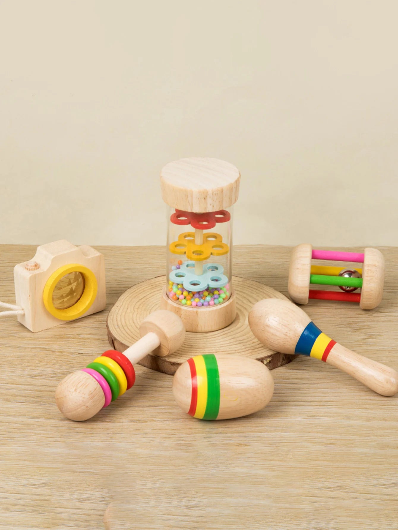 6pcs/set Wooden Musical Instruments Toys, Small Rattle, Sand Hammer, Sand Ball, Shake Bell Kaleidoscope, Griping Practice Toys