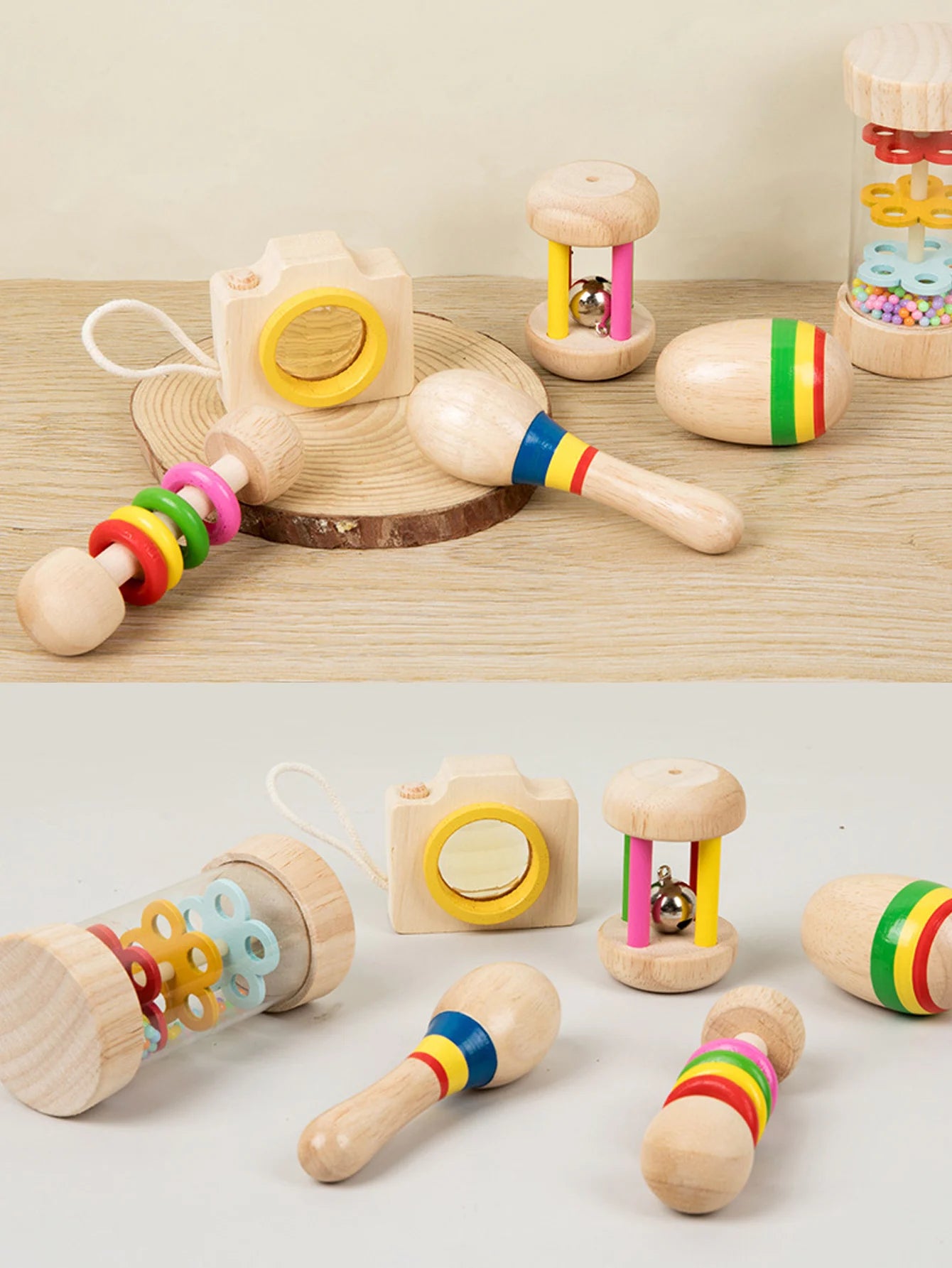 6pcs/set Wooden Musical Instruments Toys, Small Rattle, Sand Hammer, Sand Ball, Shake Bell Kaleidoscope, Griping Practice Toys