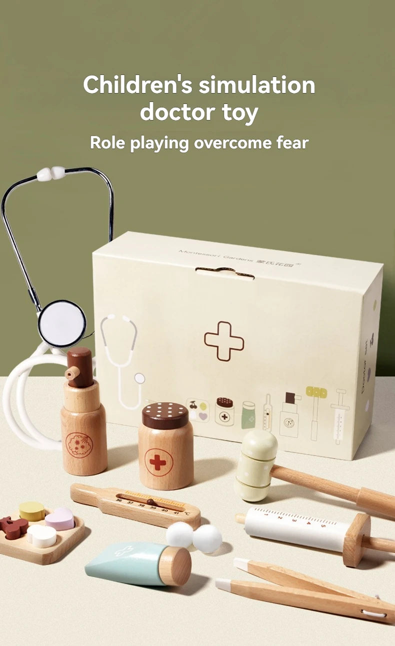 Children playing house simulation, doctors, nurses, stethoscopes, medical kits, syringes, toy sets, wooden boys and girls