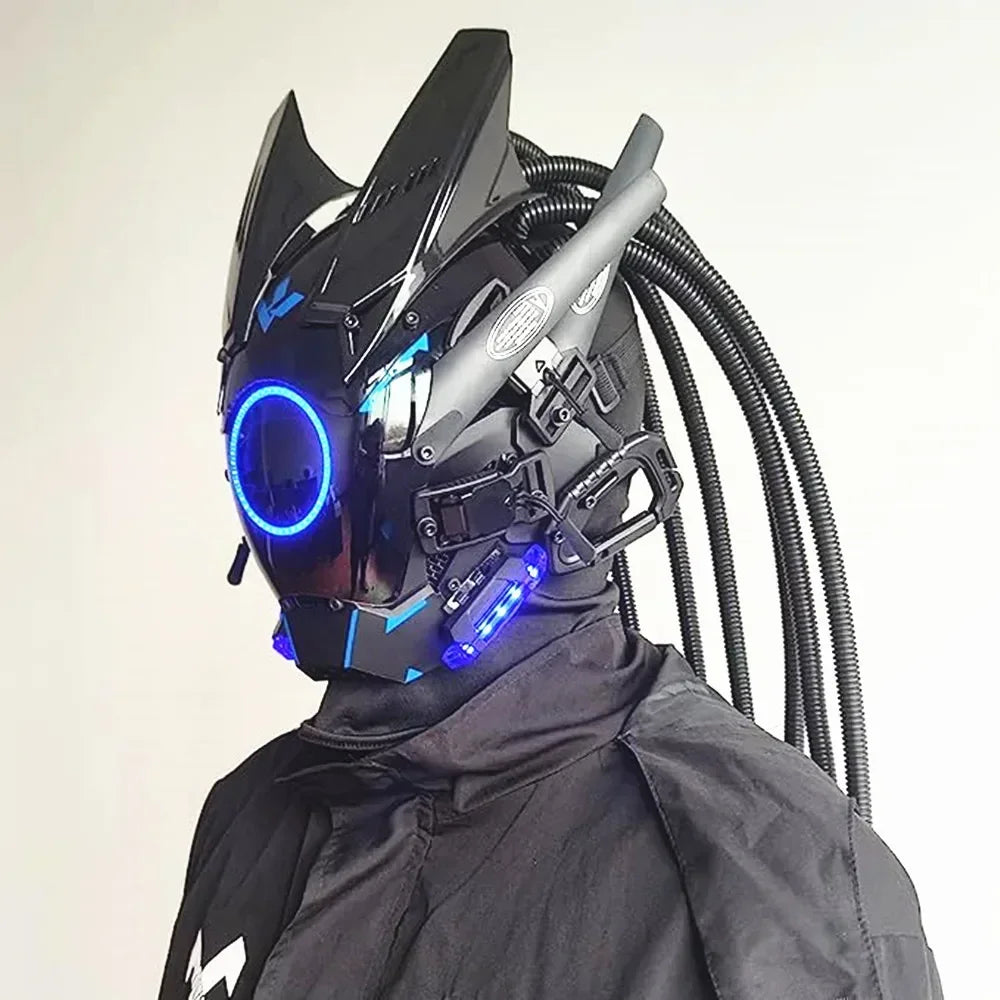 Cyberpunk mask red lighting led with hair Music Festival fantastic cosplay sci-fi soldier helmet Halloween party gift for adults