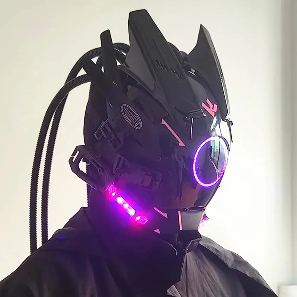 Cyberpunk mask red lighting led with hair Music Festival fantastic cosplay sci-fi soldier helmet Halloween party gift for adults
