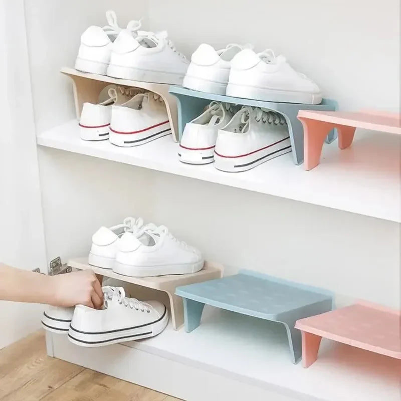 Household Solid Color Small Double Shelf Space Savers White Shoe Rack Cabinets Organizer Closet Holder Bracket Storages Racks
