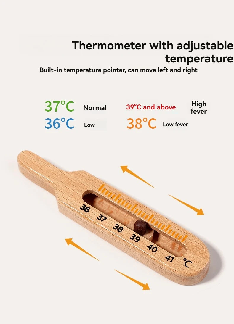 Children playing house simulation, doctors, nurses, stethoscopes, medical kits, syringes, toy sets, wooden boys and girls