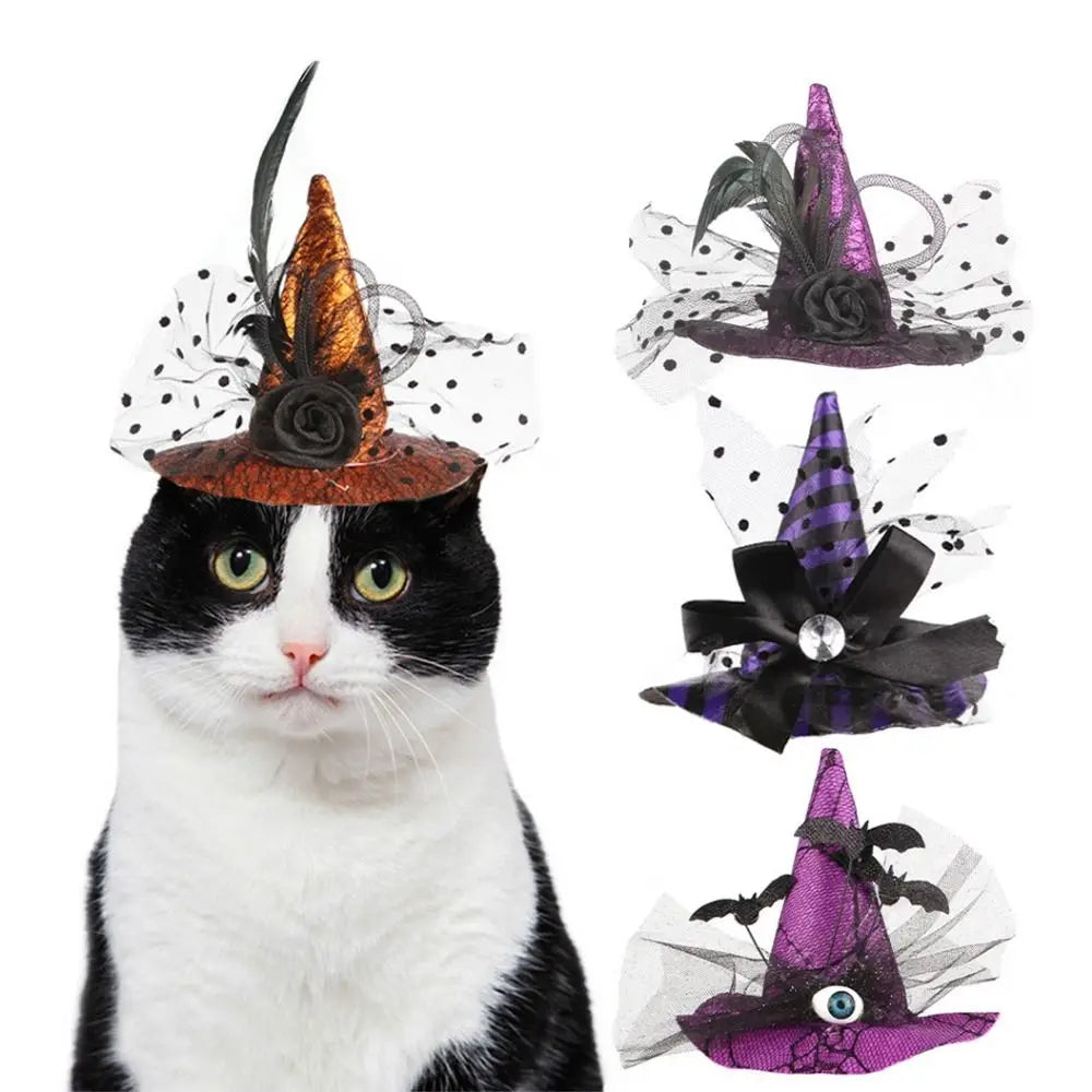 Pet Accessories Decorative Pet Witch Hat Adjustable Stripe Cat Cosplay Hat Lace Dog Bat Hat for Cat Puppy