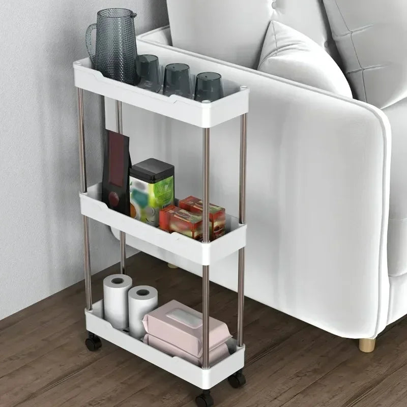 Space-Saving Mobile Shelving Unit，Slim Rolling Storage Cart with Wheels, Narrow Bathroom Organizer & Multi-Purpose Kitchen Cart