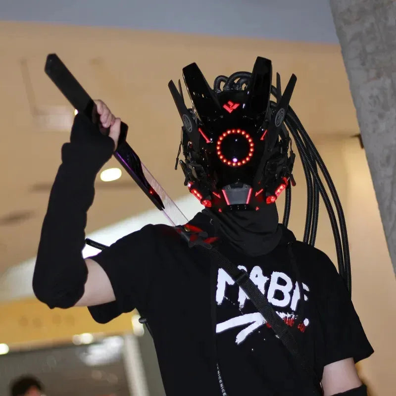 Cyberpunk mask red lighting led with hair Music Festival fantastic cosplay sci-fi soldier helmet Halloween party gift for adults