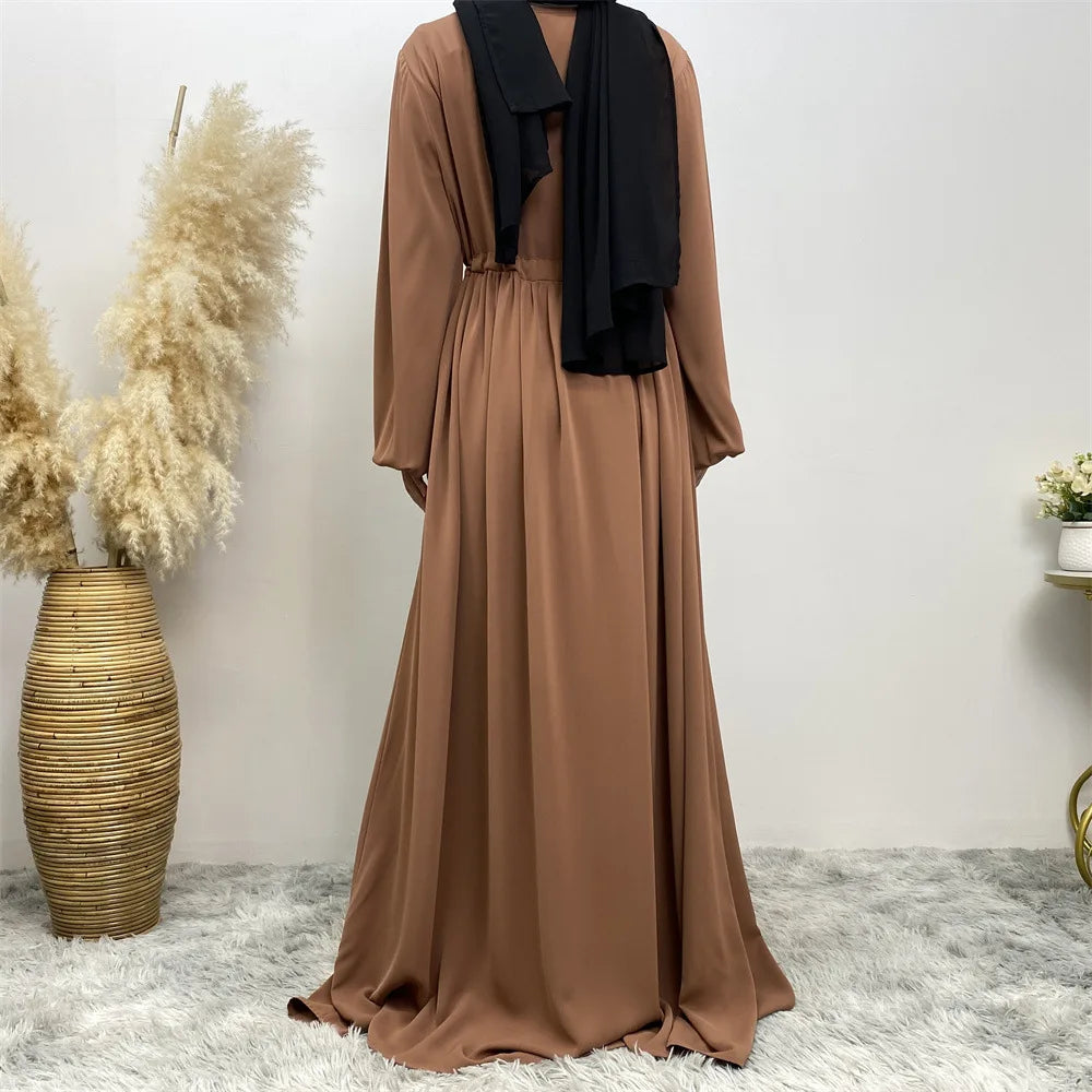 Modest Kaftan Muslim Women Puff Sleeve Dress Zipper Front Abaya Islam Clothing Arabic Robe Dubai Party Gown Eid Ramadan Jalabiya