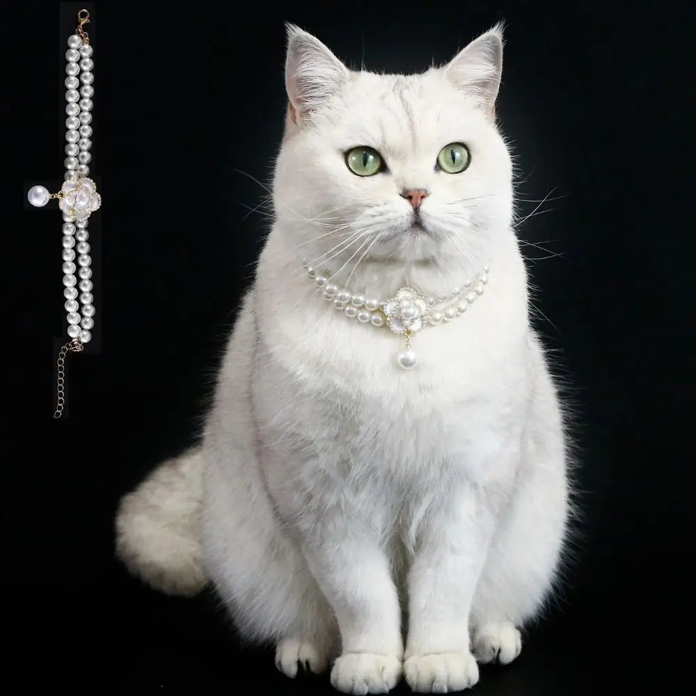 Pet Accessories Double Layer Pearl Pet Necklace Sweet Flower Pendant Cat Neck Chain Adjustable Pet Pearl Collar For Cats Puppy