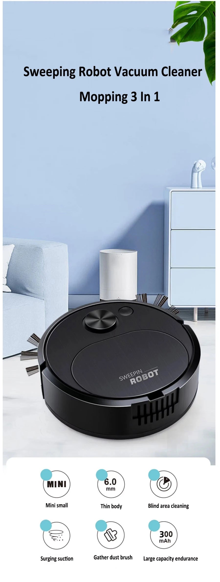 Smart Robot USB Sweeping Robot Vacuum Cleaner Mopping 3 In 1 Smart Wireless 1500Pa Dragging Cleaning Sweep Floor For Home Office