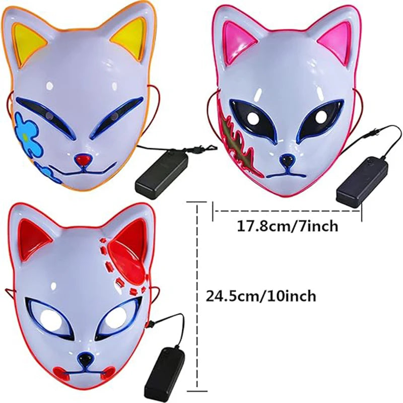 LED Fox Mask Halloween Mask Japanese Anime Cosplay Luminous Mask Suitable for Masquerade Holiday Party No Batteries Included