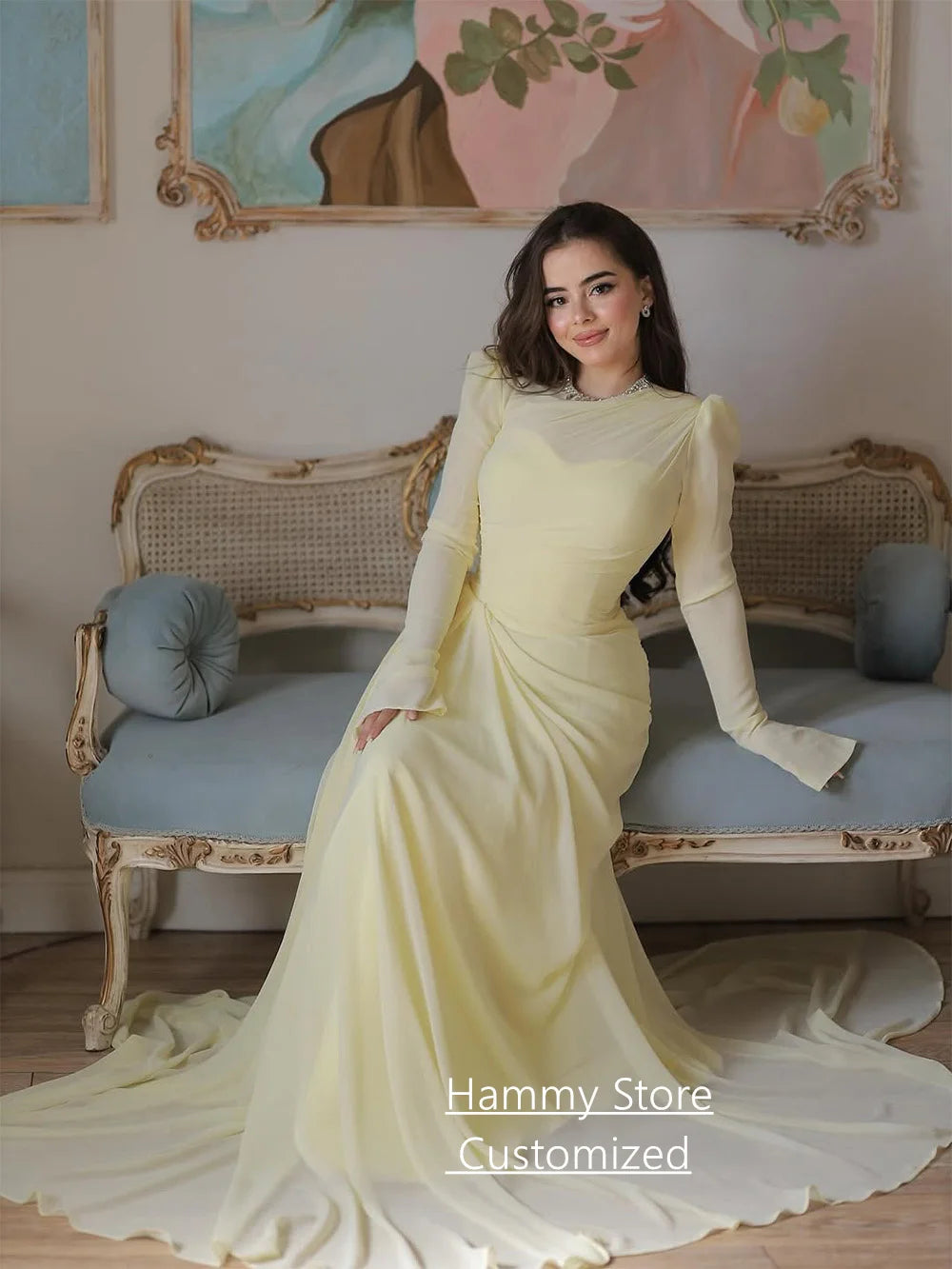 Modest Islamic Evening Dresses for Woman Customized Long Sleeves Beading Round Neck Pleat Prom Gown فساتين سهرات