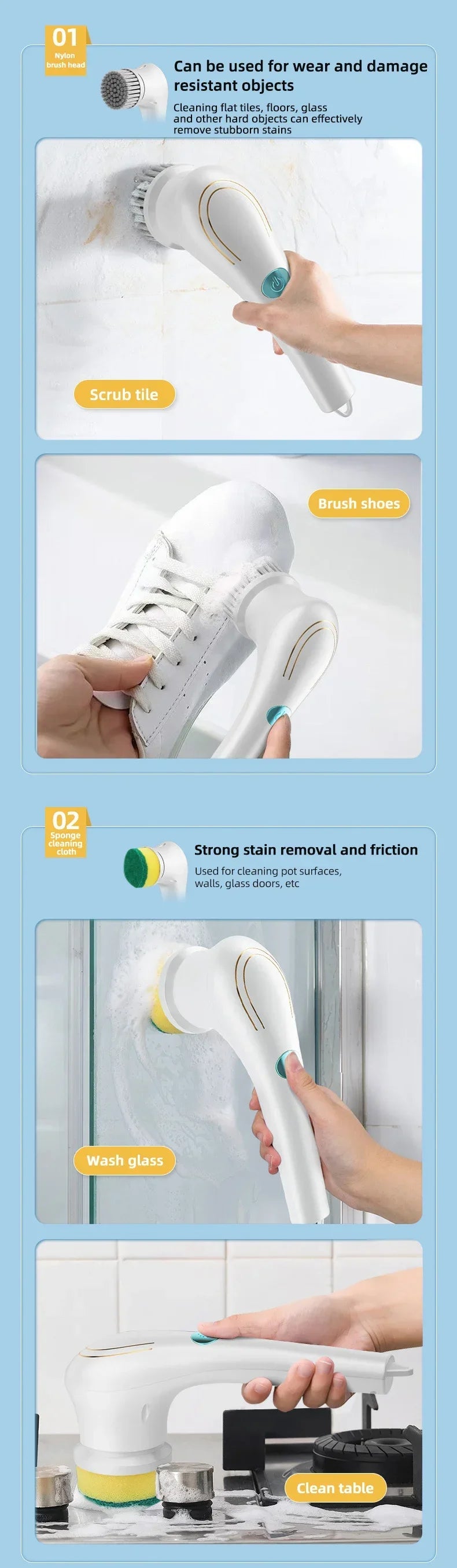 5-in-1 Electric Cleaning Brush Cleaning Gadget Window Cleaner Bathroom Bathtub Toilet Brush Kitchen Cleaning Tool