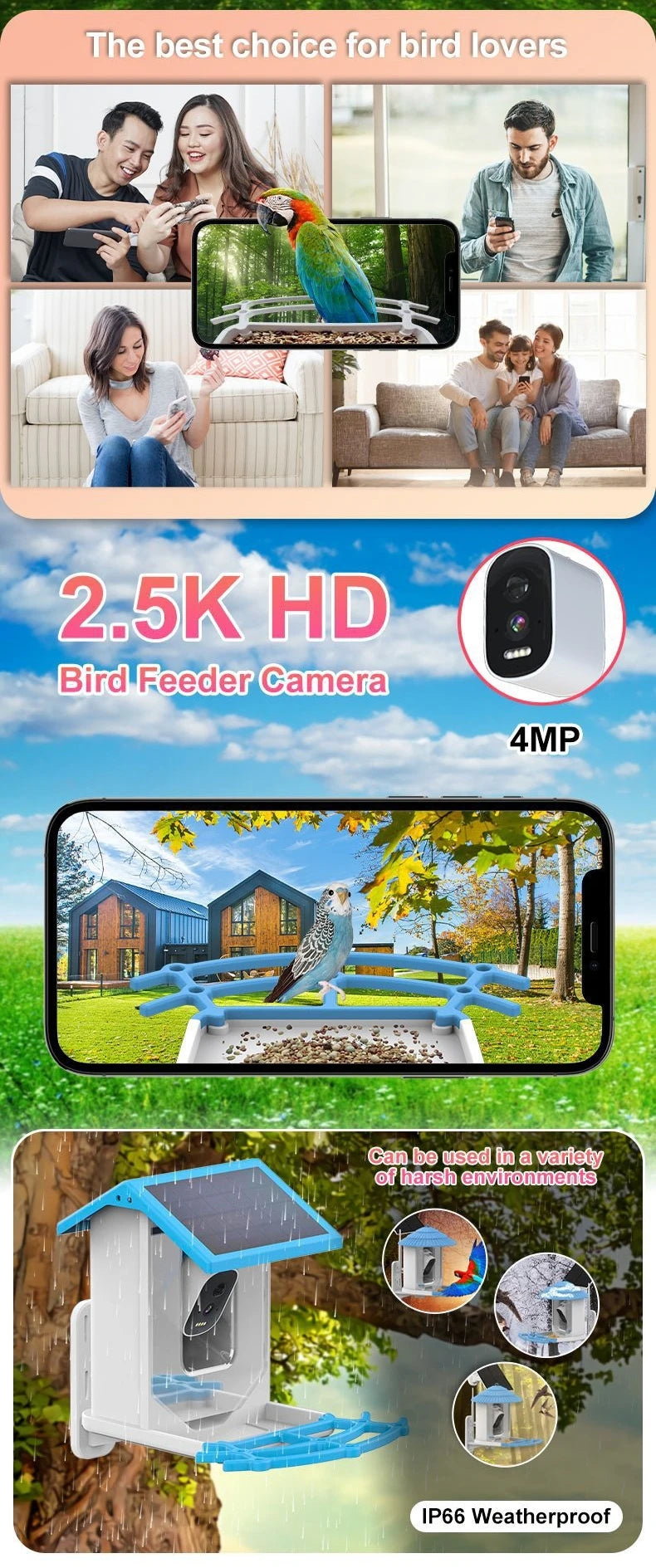 Smart Bird Feeder with Camera,2K HD Video, AI Identify Birds Species Solar Powered,Auto Capture Videos & Notify of Birds Arrival