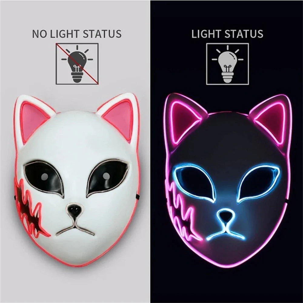2025 Halloween Neon Mask Cosplay Japanese Anime Neon LED Demon Slayer Mask Halloween Party Costume Props