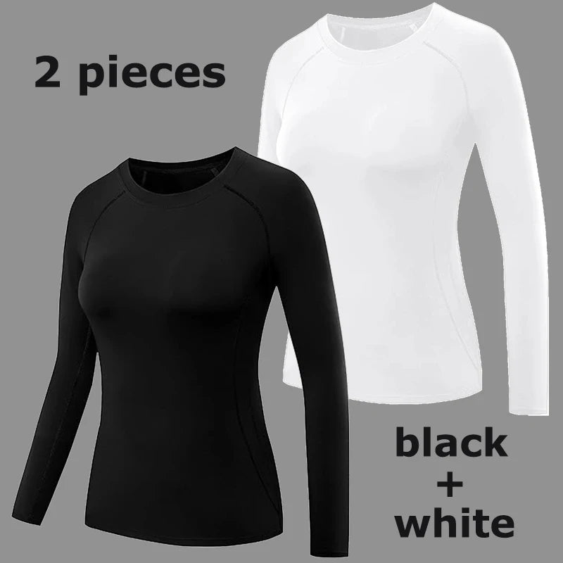 Women's Compression Shirt Athletic Yoga Running Long Sleeve T-Shirt Spring Fall Gym Workout Stretchy Baselayers Rash Guard Tops