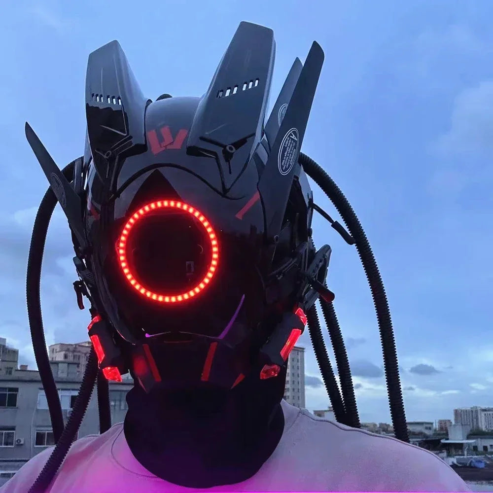 Cyberpunk mask red lighting led with hair Music Festival fantastic cosplay sci-fi soldier helmet Halloween party gift for adults