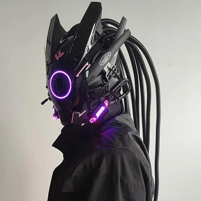 Cyber Led Helmet Mask Music-Reactive Futuristic Light-Up Face Cover Cosplay Party Club Rave Festival Usb Rechargeable Adjustable