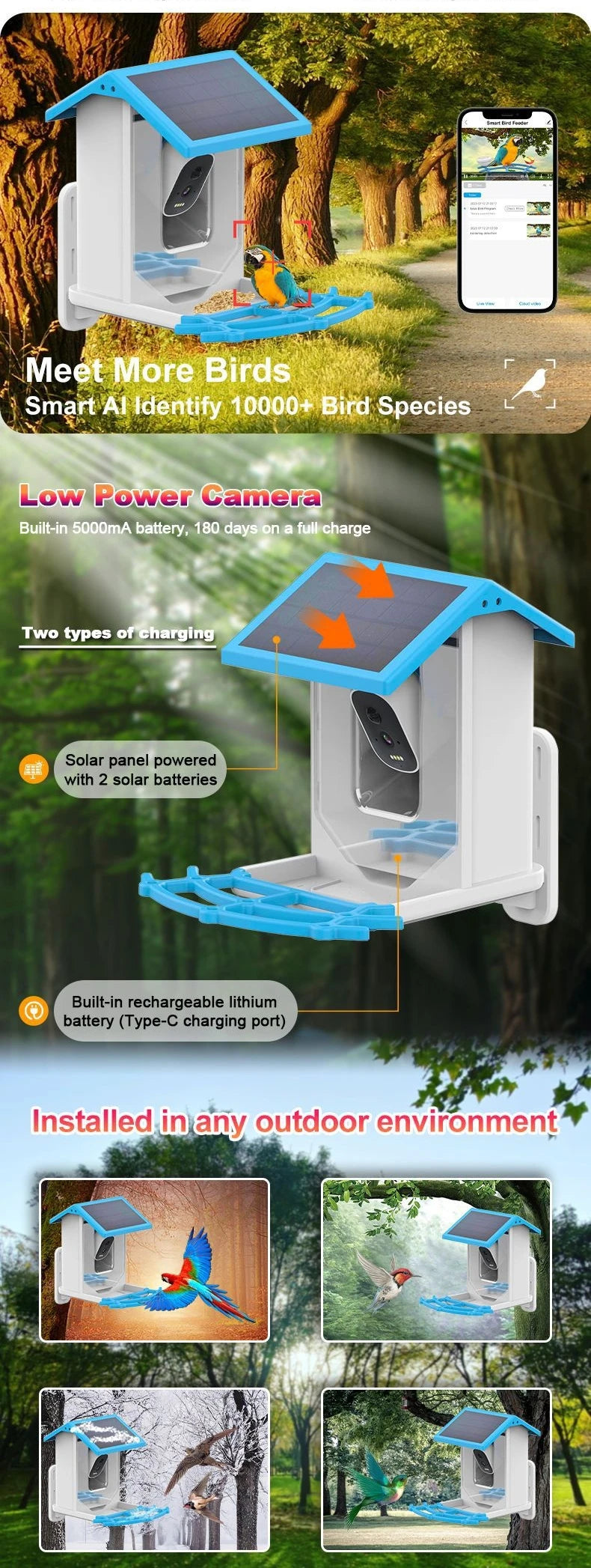 Smart Bird Feeder with Camera,2K HD Video, AI Identify Birds Species Solar Powered,Auto Capture Videos & Notify of Birds Arrival