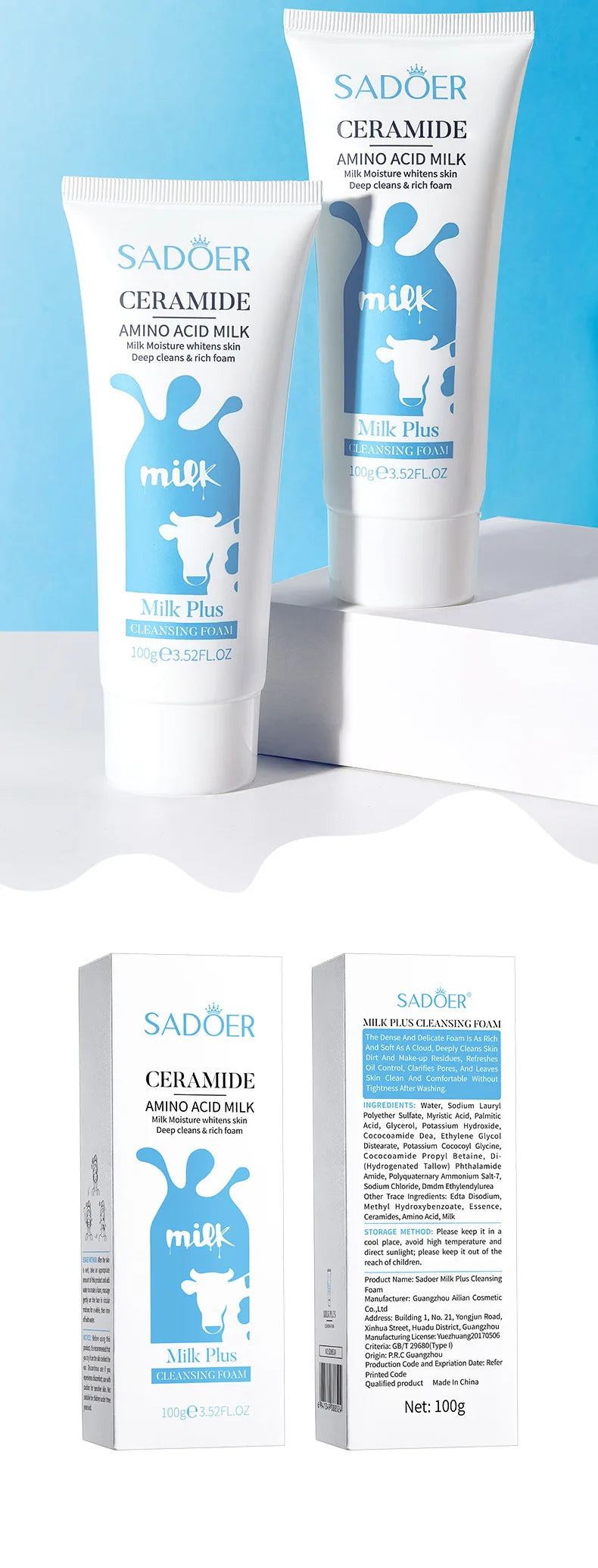 SADOER Milk Facial Cleanser Moisturizing Skin Brightening Nourishing Wash Foam Face Cleanser Facial Skin Care for Beauty