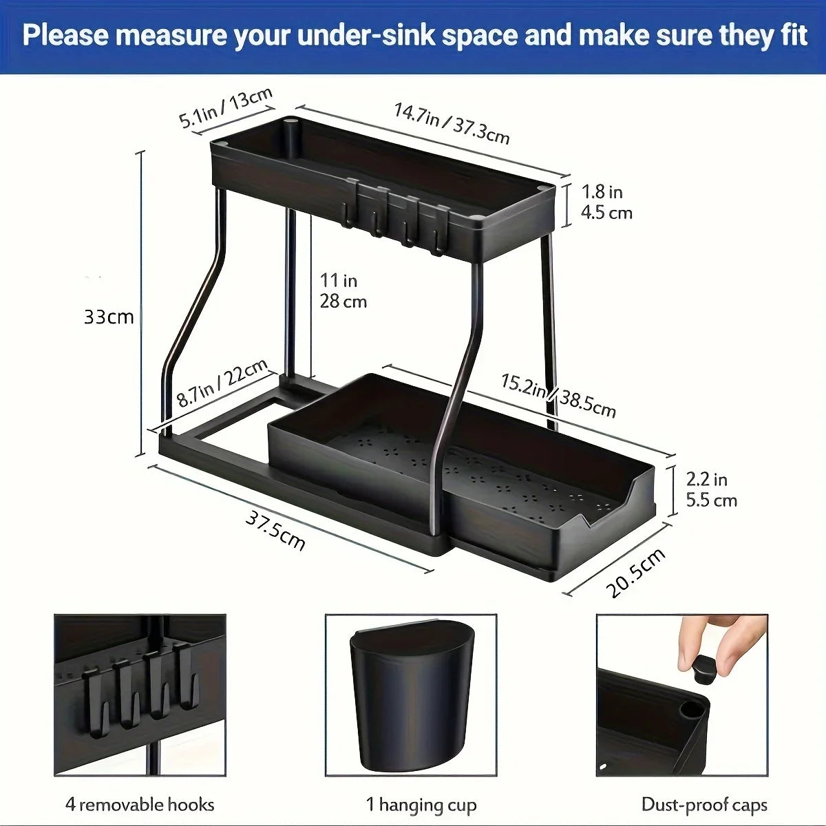 Space Saving 2 Tier Pull Out Storage Box Durable Large Capacity Kitchen Bathroom Essential Drawer Organizer