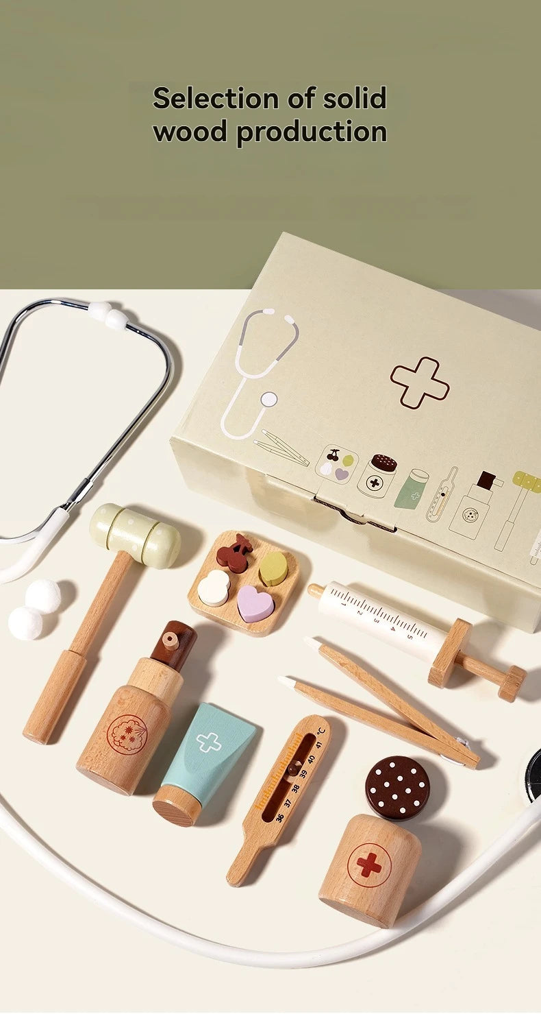 Children playing house simulation, doctors, nurses, stethoscopes, medical kits, syringes, toy sets, wooden boys and girls