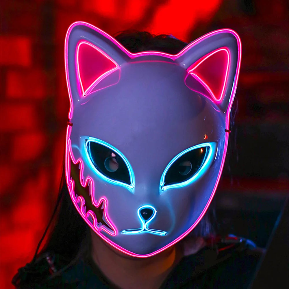 2025 Halloween Neon Mask Cosplay Japanese Anime Neon LED Demon Slayer Mask Halloween Party Costume Props
