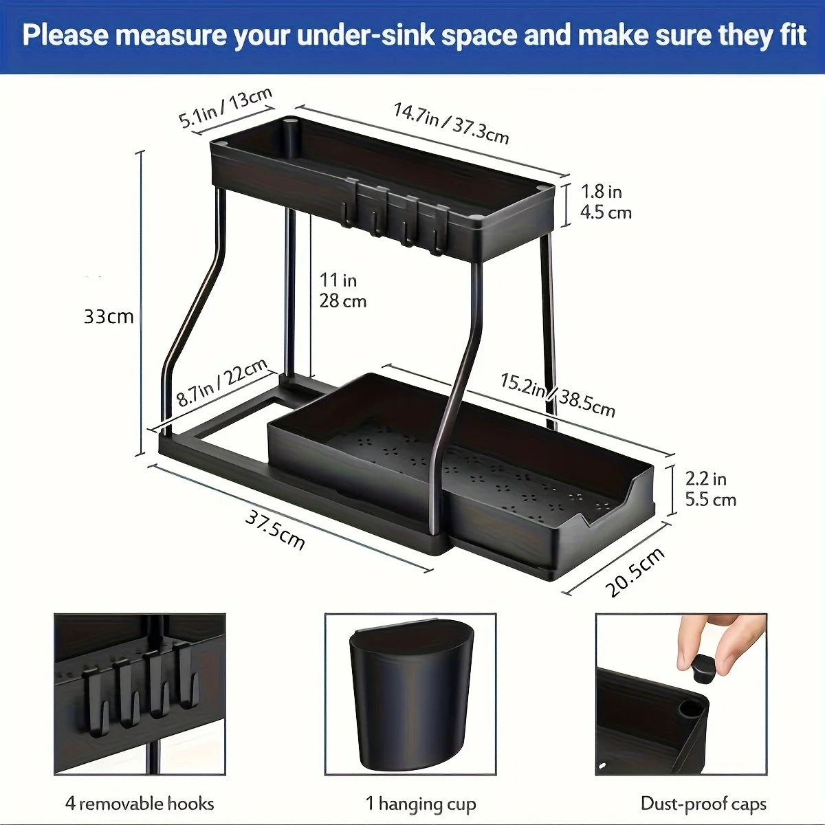 Space Saving 2 Tier Under Sink Organizer,Pull Out Storage Box Durable Large Capacity Kitchen Bathroom Essential Drawer Organizer