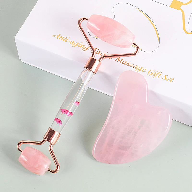 Natural Facial Massager Face Roller Gua Sha Scraper Double Heads Jade Stone Roller Skin Care Rose Quartz Massage for Face Body